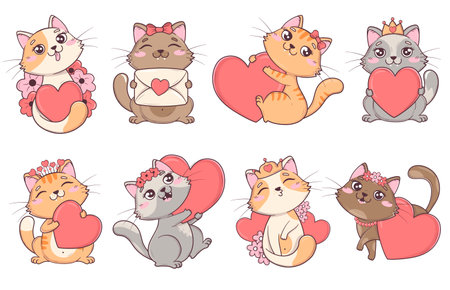 Bundle of cute valentine cats in different poses with hearts and flowersのイラスト素材