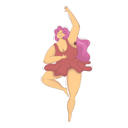 Happy plus size overweight woman in dress dancingのイラスト素材