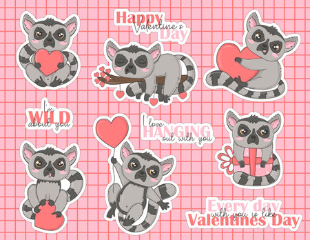 Bundle of stickers of funny tropical animals lemurs for Valentine's Day in hand drawn doodle style for children, children's books and games, postcards, printingのイラスト素材
