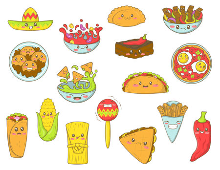 bundle of clip art with mexican food in cartoon doodle style. Mexican fast food collection with funny facesのイラスト素材