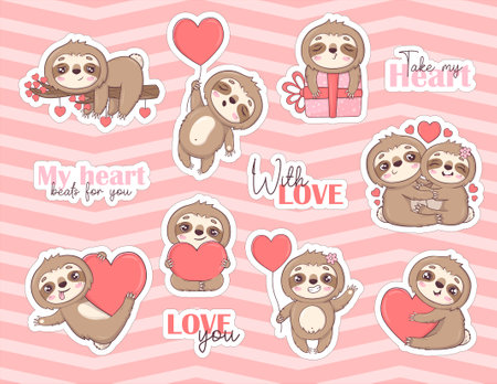 Bundle with stickers with funny sloths in love, hugging, with gifts and hearts for Valentine's Dayのイラスト素材