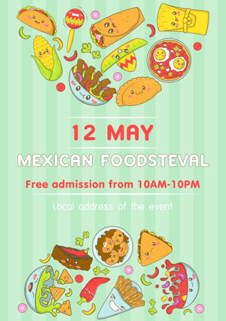 Mexican fast food fair and festival template with food in cartoon doodle style.のイラスト素材