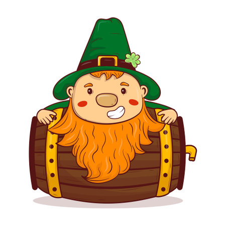 Cartoon doodle saint patrick red-bearded leprechaun on a barrel of beerのイラスト素材
