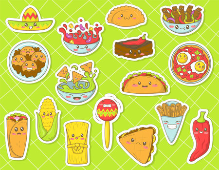 bundle of stickers with mexican food in cartoon doodle style. Mexican fast food collection with funny facesのイラスト素材