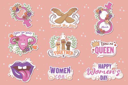 Bundle with stickers with feminist symbols of the women's movement, slang phrases, body positivity slogans and gender equality, sisterhood and solidarityのイラスト素材