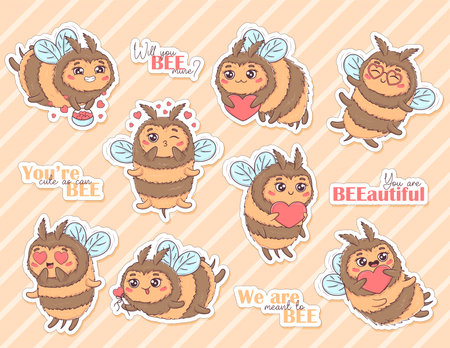 Bundle with stickers with Cartoon cute bee in love for Valentine's Day in funny poses with heartsのイラスト素材