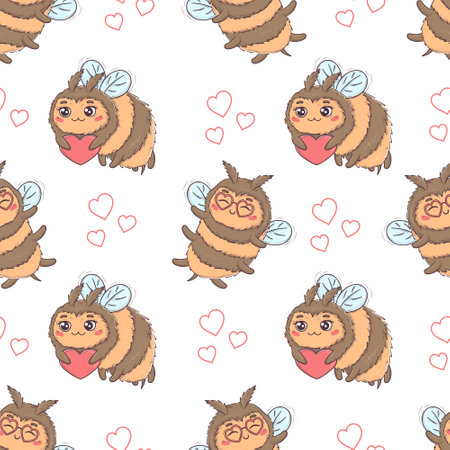 Seamless pattern with Cartoon cute bee in love for Valentine's Day isolated on white background vector illustrationのイラスト素材