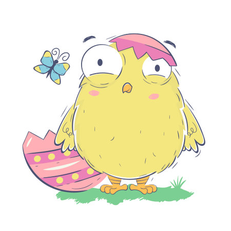 funny Easter chick stands with an Easter egg shell on its headのイラスト素材