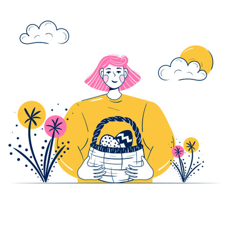 Young woman with a basket of Easter eggs in nature. Vector illustration for Easter cards, posters, banners, printのイラスト素材
