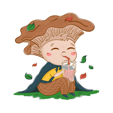 child with a mushroom hat drinks bubble tea in a clearing. Fairytale cartoon characterのイラスト素材