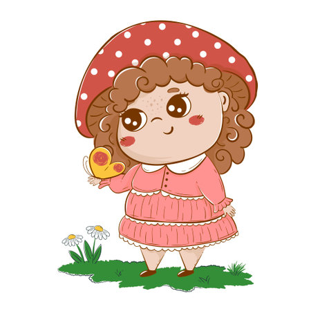 child with a hat of the mushroom of a fly agaric holds a butterfly in his hands in a clearing. Fairytale cartoon dudl characterのイラスト素材