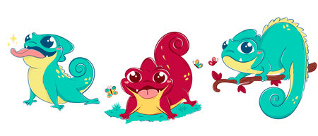 Clipart collection with cute lizards in different poses with greens and fruits, butterflies around. Brightly colored vector children's drawing.のイラスト素材