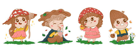 Collection of funny fairy tale characters of children with mushroom hats in cartoon doodle style. Clipart for decoration of children's goods, stationery, nurseryのイラスト素材