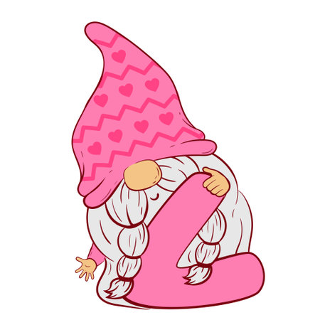 Cute cartoon Gnome in a pink hat holds a large letter v in his handsのイラスト素材