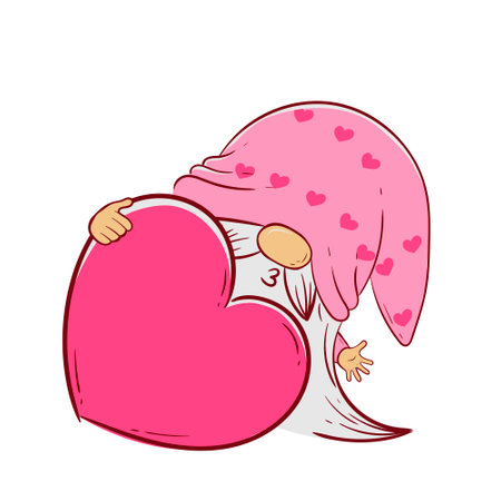 Cute cartoon Gnome in a pink hat holds a heart in his handsのイラスト素材