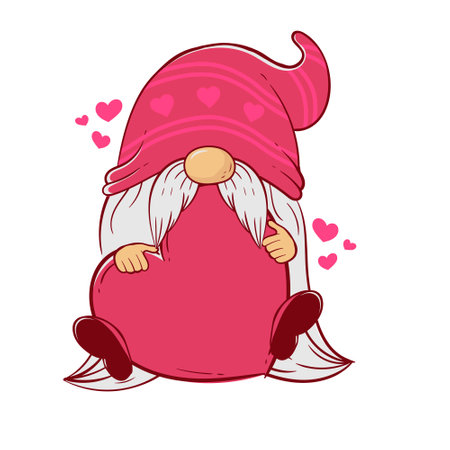 Cute cartoon Dwarf in a red hat holds a heart in his handsのイラスト素材
