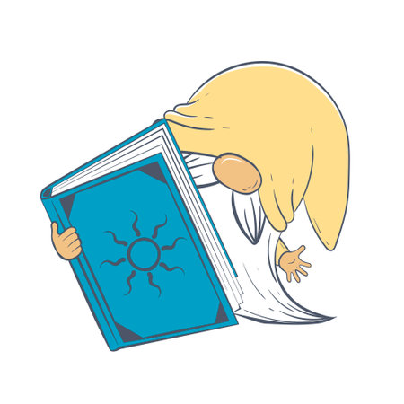 cute cartoon gnome peeks out from behind a big book. Vector illustration isolated on white backgroundのイラスト素材
