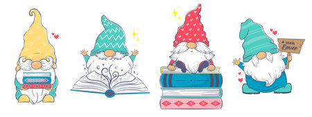 Clipart collection with Cute cartoon gnomes with books. Vector illustration isolated on white background for world book and copyright dayのイラスト素材