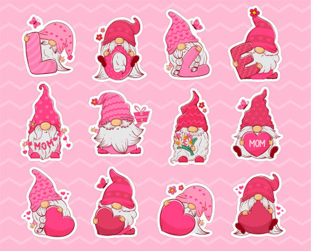 Bundle of stickers with charming cheerful gnomes in pink clothes with hearts, gifts and flowers for Mother's Day and Valentine's Dayのイラスト素材