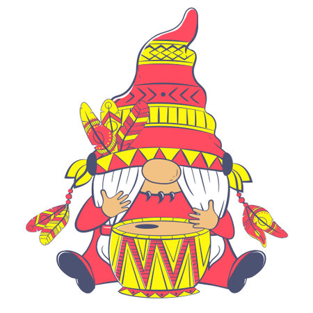 Cute cartoon gnome musician. Dwarf Indian aborigine in feathers plays the drumのイラスト素材