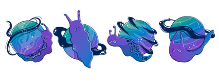 Clipart collection with Mystical slug snails with a space planet instead of a shell-house. Hand drawn with gradient vector.のイラスト素材