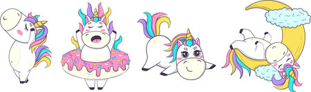 Set of funny kawaii unicorns in anime style for kids product designのイラスト素材