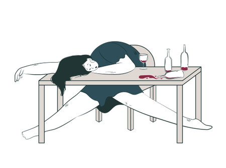 woman on a drunken spray. Conceptual illustration of the consequences of alcoholism with an unconscious depressive character on a table among empty bottles. Unhealthy Lifestyleのイラスト素材