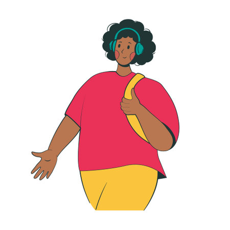 African American woman walks and listens to music through headphones with a backpack behind her back in an outline style. simple illustration of peopleのイラスト素材