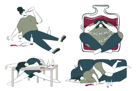 Bundle consequences of alcoholism with a depressed female character. Unhealthy Lifestyle. Social problem of alcoholism among women. Conceptual illustration of alcohol effects and impact on lifeのイラスト素材