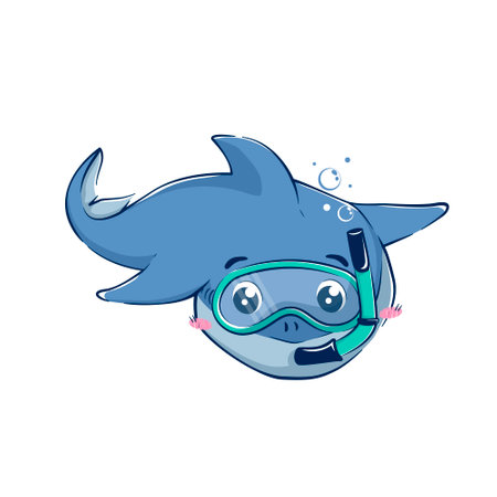 Cartoon funny shark in a diving mask. Vector illustration of the underwater world.のイラスト素材