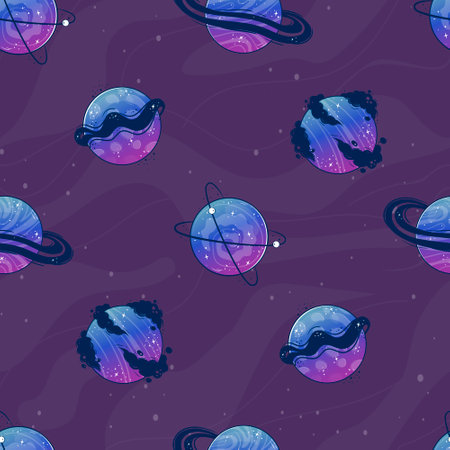 Seamless pattern with space sky and planets. Gradient universe with fantastic alien planetsのイラスト素材
