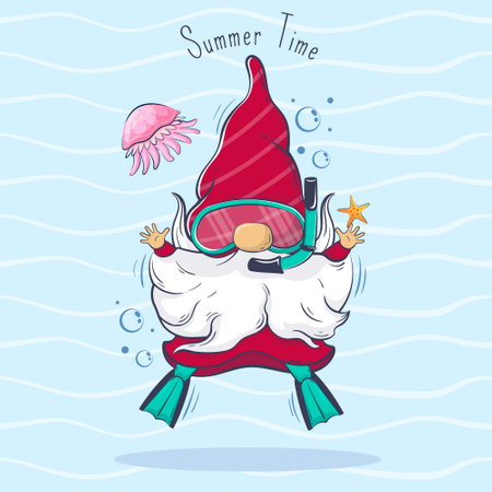 Hello summer cartoon cute gnome is diving around jellyfish. Summer time lettering. Funny summer bannerのイラスト素材