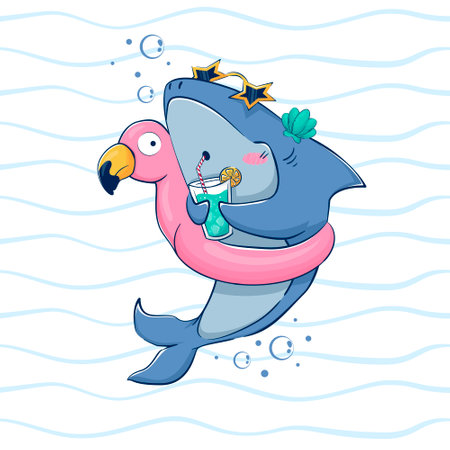 Cartoon funny shark drinks a summer cocktail in an inflatable circle in the form of a flamingo among the waves. Vector illustration of the underwater world.のイラスト素材