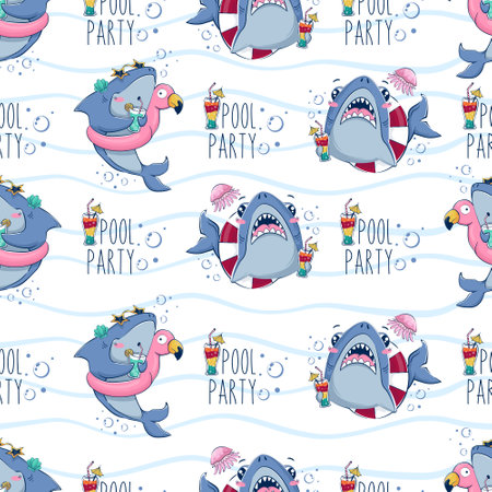 Seamless pattern with cartoon sharks with cocktails and inflatable circles among the sea waves and the inscription pool party in a flat style. Vector illustration of the underwater world.のイラスト素材