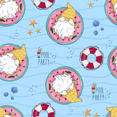 Seamless pattern with cartoon gnome on a watermelon mattress in the pool. pool party vector backgroundのイラスト素材