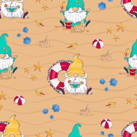 Seamless pattern with cartoon gnome building a sandcastle drinking a cocktail on the beach. Summer vector background with cute charactersのイラスト素材