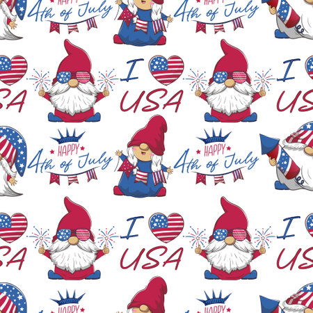 Seamless pattern with patriotic charming gnomes and the inscription I love USA. 4th July Independence Day Cartoon Backgroundのイラスト素材