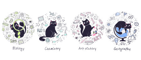 History of arts, biology, chemistry, geography. set of backgrounds for school subjects with doodle objects and a cute cat. Education and training template.のイラスト素材