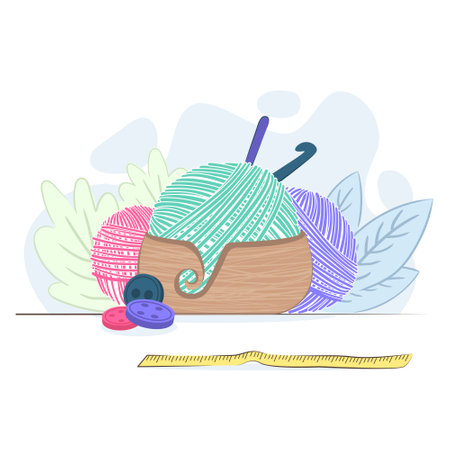 Composition with a wooden bowl for knitting with yarn inside. nearby balls of wool, buttons, measuring tape, knitting needles, hooks. Vector illustration of items for handmadeのイラスト素材