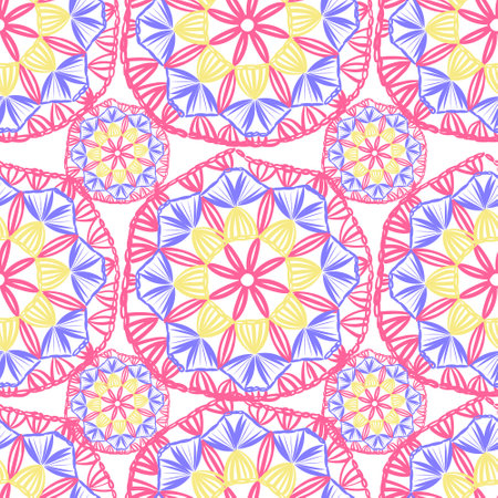 Seamless pattern with multicolored crochet granny squares in flat style isolated on white backgroundのイラスト素材