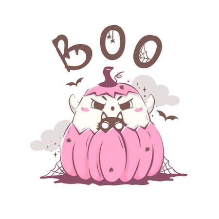 cute cartoon ghost hid in a pumpkin with a cat trying to scare. Halloween character vector illustrationのイラスト素材