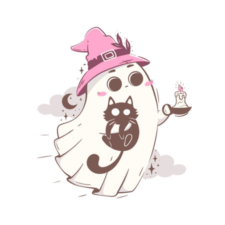 cute cartoon ghost in a witch's hat carries a cat in his arms, lighting the way with a candle. Halloween character vector illustration in pink retro colorsのイラスト素材