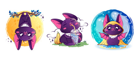Set of bats for Halloween. Characters in Halloween costumes. Cute kawaii animals for holidaysのイラスト素材