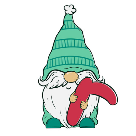 Cute gnome holding a letter R for Christmas and New Year. Vector illustration of cartoon doodle character of dwarf.のイラスト素材
