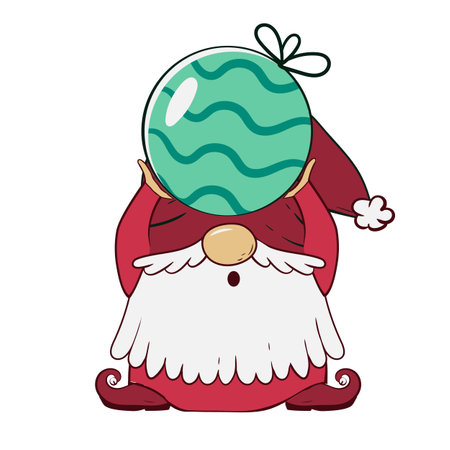 A cute gnome holding a Christmas ball stands like a letter I for the New Year. Vector illustration of cartoon doodle character of dwarf.のイラスト素材