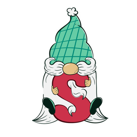 Cute gnome holding a letter s for Christmas and New Year. Vector illustration of cartoon doodle character of dwarf.のイラスト素材