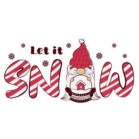Vector illustration of a Christmas card with cartoon gnomes and the inscription let it snow. ready-made greeting card templateのイラスト素材
