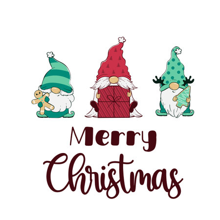 Vector illustration of a Christmas card with cartoon gnomes and Merry Christmas lettering. ready-made greeting card templateのイラスト素材