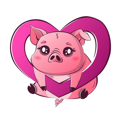 Kawaii pig sticks out in a big heart. Cute animals for Valentines Day.のイラスト素材