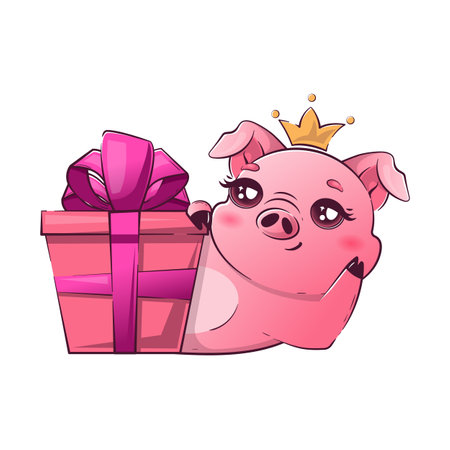 kawaii pig in a crown lies near a gift box. Simple valentines character happy farm animal.のイラスト素材